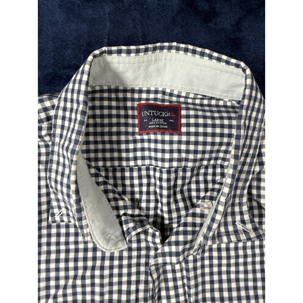 UNTUCKit Shirt Men's L Navy Blue Gingham Check Cotton Plaid Long‎ Sleeve - Picture 3 of 9